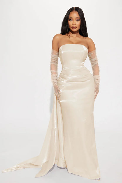 Champagne Strapless Satin Evening Dress with Detachable Ruched Mesh Gloves, Side Slit & Side Train