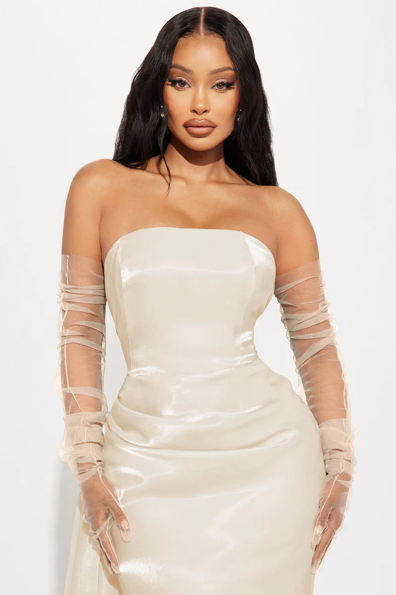 Champagne Strapless Satin Evening Dress with Detachable Ruched Mesh Gloves, Side Slit & Side Train