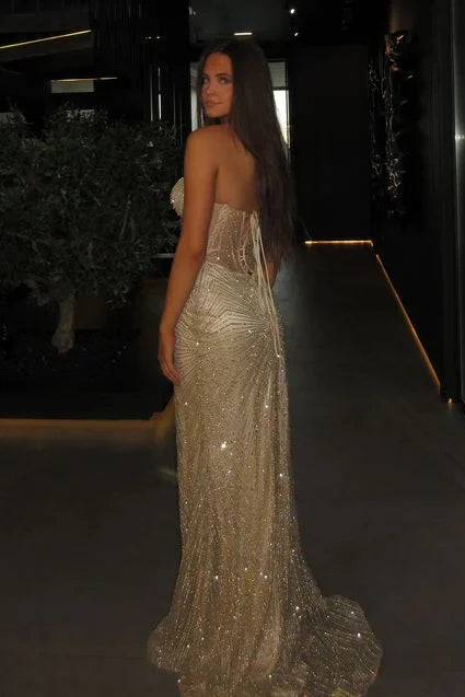 Champagne Strapless Sweetheart Corset Lace Up Back Sequin Mermaid Prom Dress