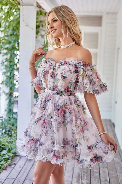 Full length view of the off-shoulder A-line printed tulle dress.