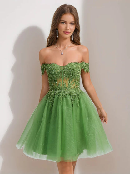 A-Line Princess off-the-shoulder tulle short homecoming dress with appliques.