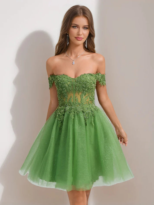 A-Line Princess off-the-shoulder tulle short homecoming dress with appliques.