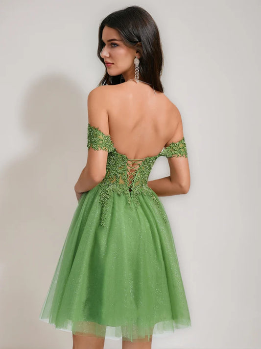 Back view of A-Line Princess off-the-shoulder tulle short homecoming dress.