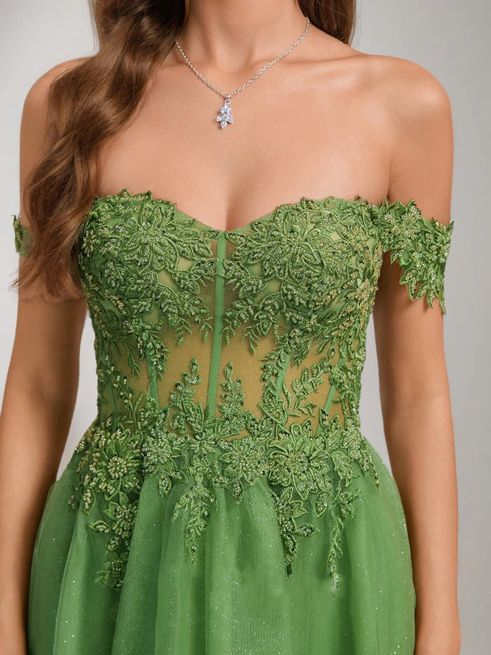 Side view of A-Line Princess off-the-shoulder tulle short homecoming dress.