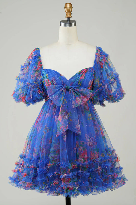 Elegant A-line floral tulle dress with puff sleeves and sweetheart neckline.