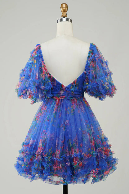Full view of a charming knee-length floral homecoming dress.