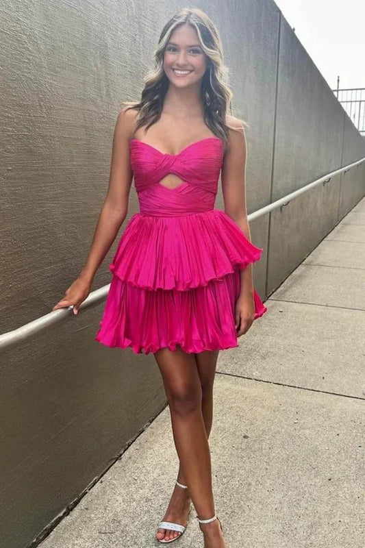 Front view of a short A-line homecoming dress with spaghetti straps and sweetheart neckline.