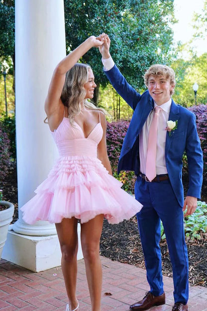 Koutun A-Line pink tulle short homecoming dress with sweetheart strapless neckline.