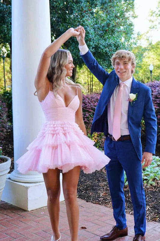 Koutun A-Line pink tulle short homecoming dress with sweetheart strapless neckline.