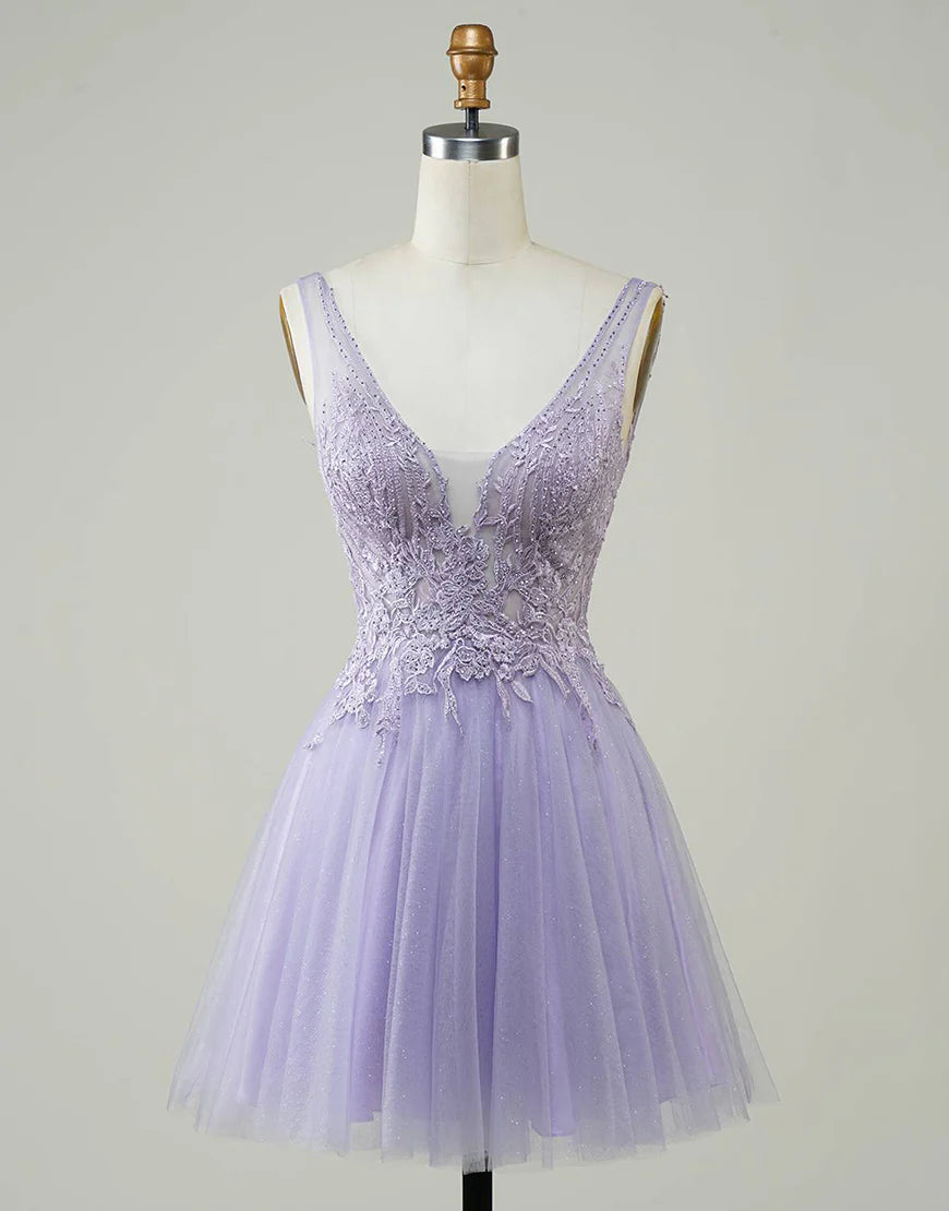 Back view of an A-line V-neck homecoming dress with appliques.