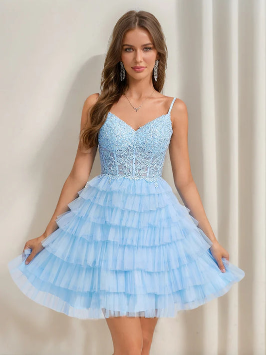 Front view of a charming A-Line V-neck short homecoming dress with ruffle tiers and appliques.