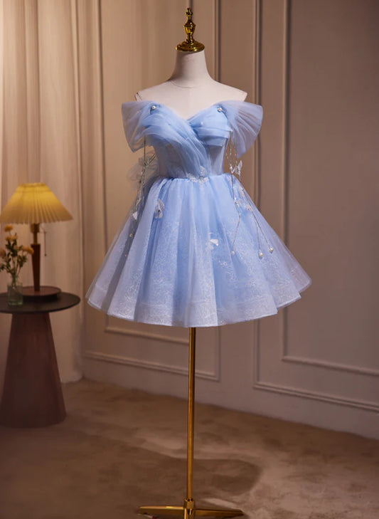 Elegant blue A-line off-shoulder tulle dress.