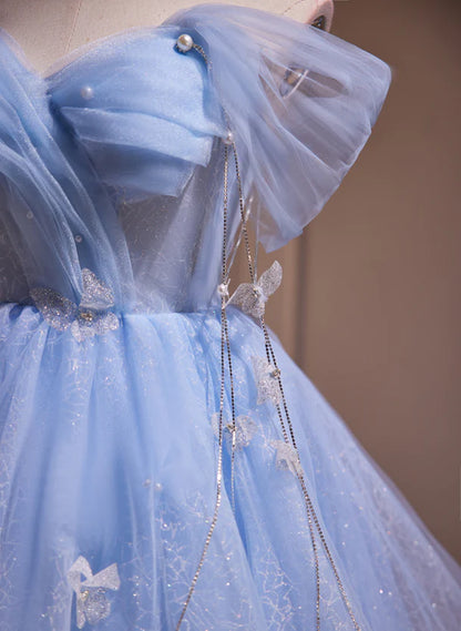 Side view of the blue tulle homecoming dress.