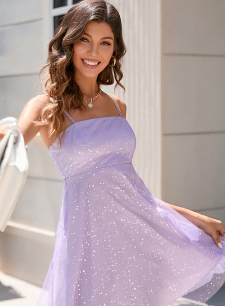 Side view of the A-line square neck sequin homecoming dress.