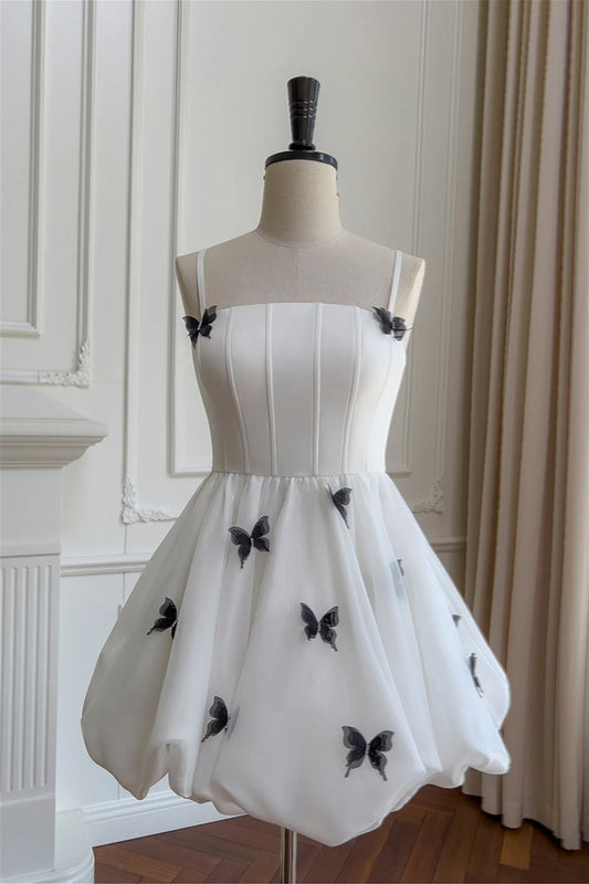 Koutun black A-line short dress with 3D butterflies and delicate straps.