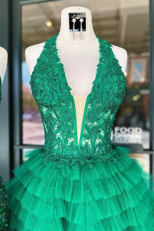 Back view of the halter neckline and layered skirt on the dress.