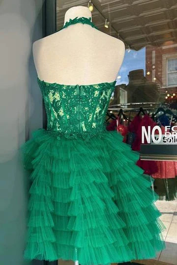 Close-up of the applique details on the charming homecoming dress.