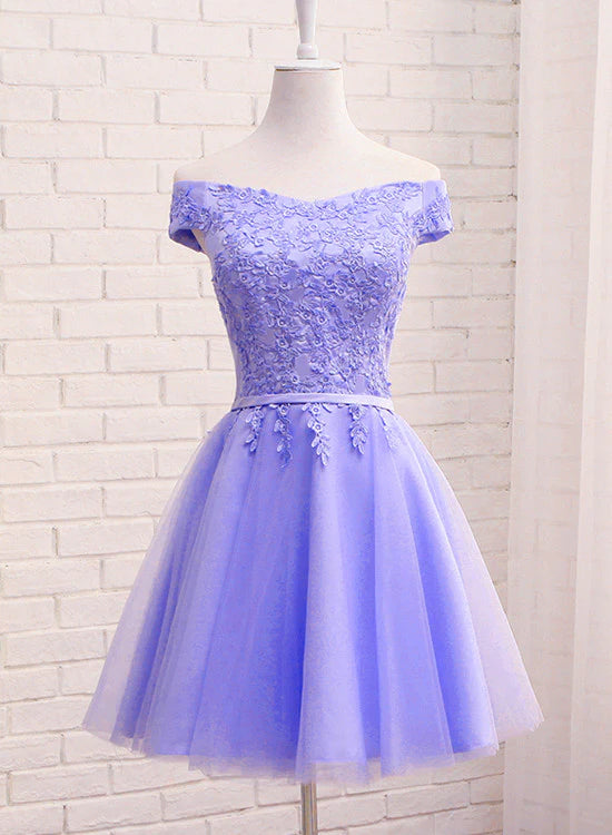 Model wearing a purple lace off-shoulder short sleeve homecoming dress.