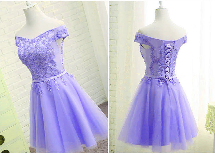 Purple lace off-shoulder dress with short sleeves, side view.