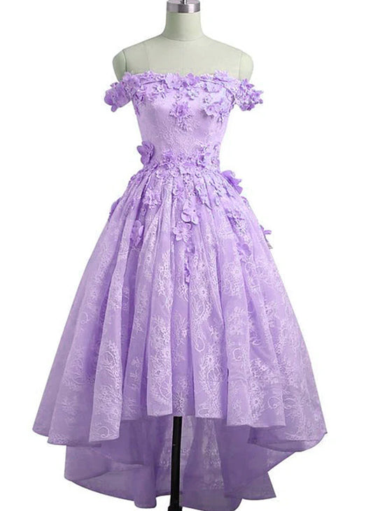 Front view of a model in a light purple lace high-low dress with a sweetheart neckline.