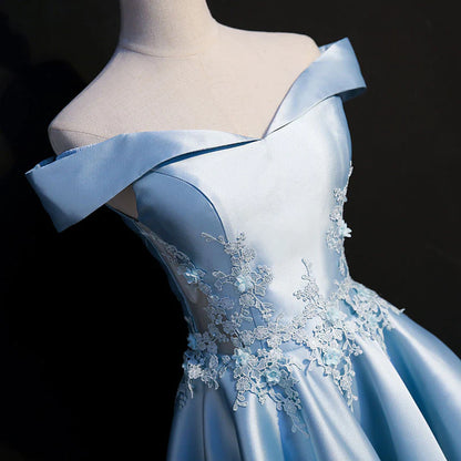 Full view of the light blue off-shoulder dress, highlighting the high-low hemline.
