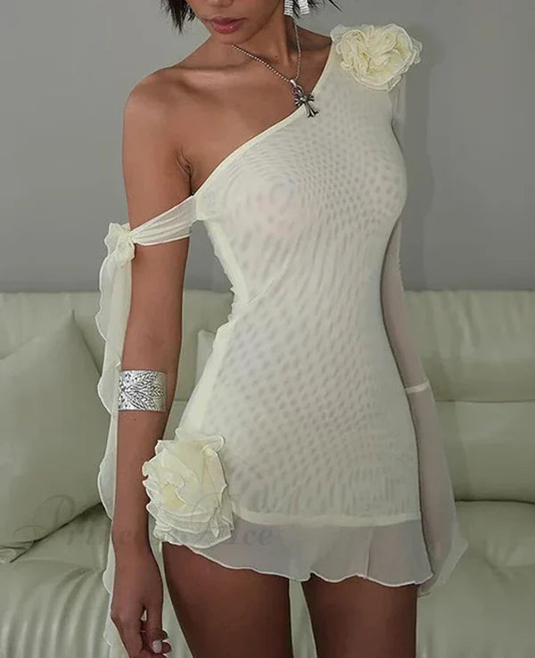 Charming mesh one-shoulder mini dress with flower frill details.