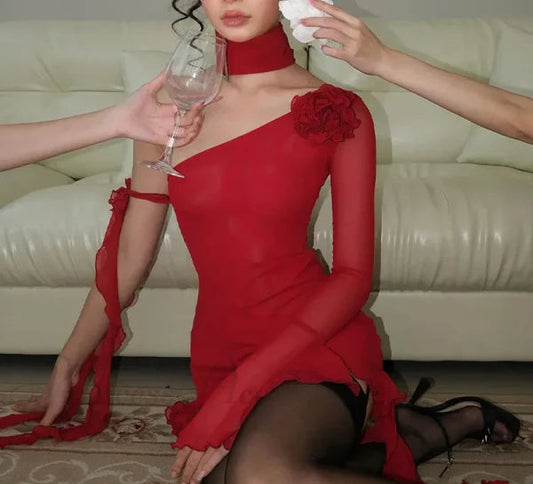 Side view of the one-shoulder mesh mini dress with frills.