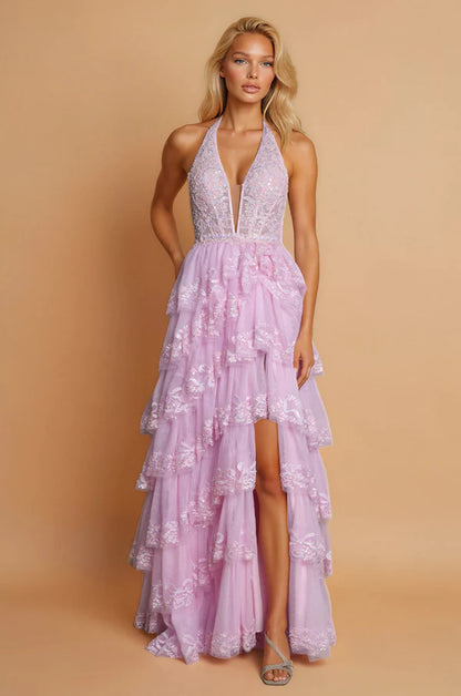 Charming Halter Neck Sky Blue Sequin Lace Tiered Tulle Gown with High Low Skirt and Open Back Prom Dress