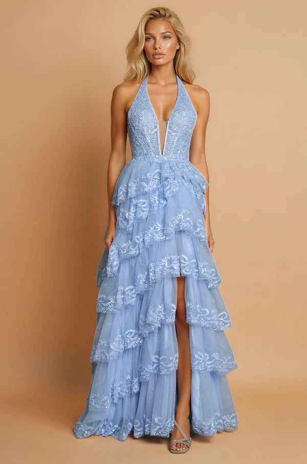 Charming Halter Neck Sky Blue Sequin Lace Tiered Tulle Gown with High Low Skirt and Open Back Prom Dress