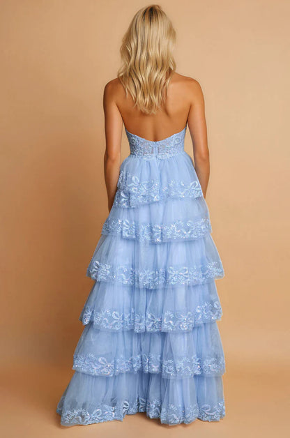Charming Halter Neck Sky Blue Sequin Lace Tiered Tulle Gown with High Low Skirt and Open Back Prom Dress