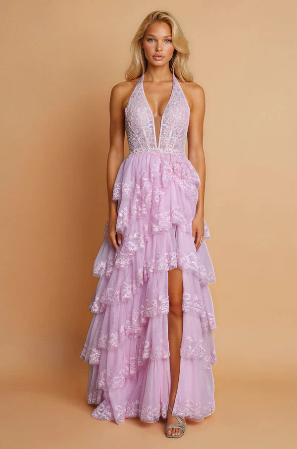Charming Halter Neck Sky Blue Sequin Lace Tiered Tulle Gown with High Low Skirt and Open Back Prom Dress