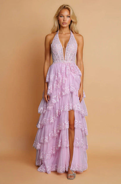 Charming Halter Neck Sky Blue Sequin Lace Tiered Tulle Gown with High Low Skirt and Open Back Prom Dress