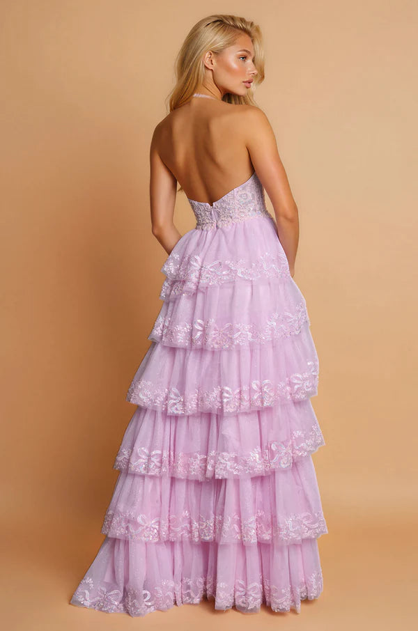 Charming Halter Neck Sky Blue Sequin Lace Tiered Tulle Gown with High Low Skirt and Open Back Prom Dress
