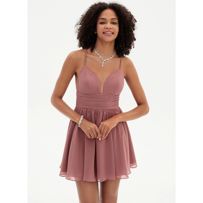 Charming A-Line Deep V-Neck Sleeveless Ruched Back Dusty Rose Short Homecoming Dress