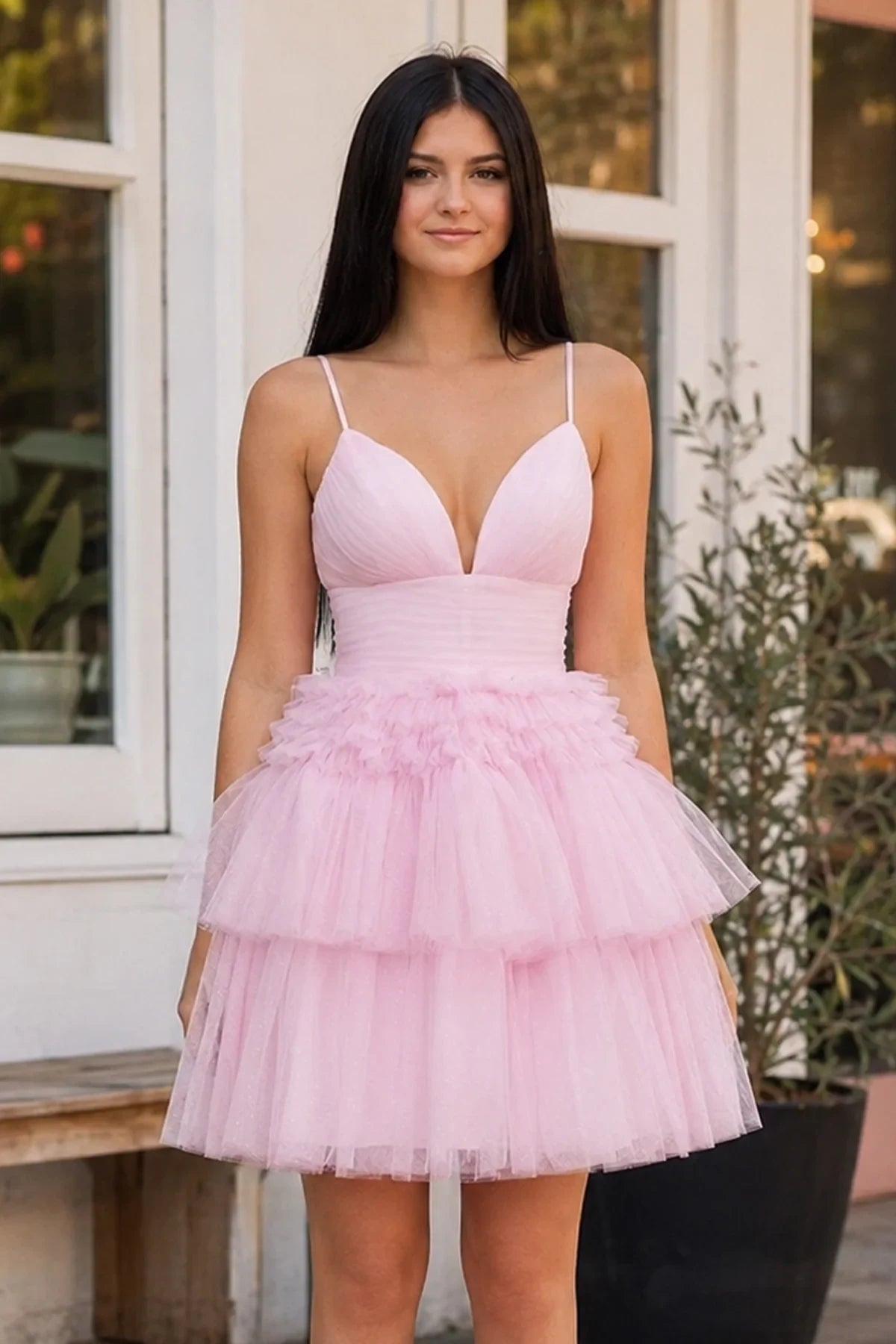 Charming A-Line Deep V-Neck Sleeveless Ruffled Pink Short Homecoming Dress