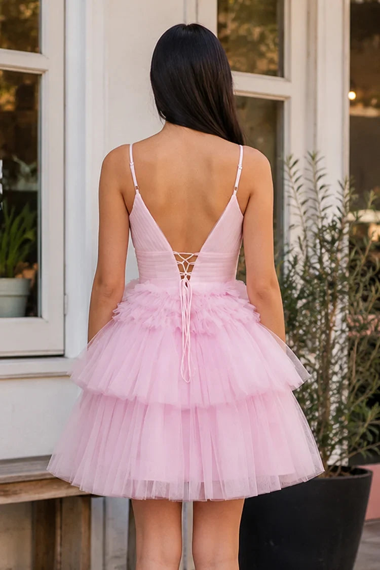 Charming A-Line Deep V-Neck Sleeveless Ruffled Pink Short Homecoming Dress