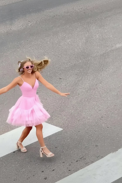 Charming A-Line Deep V-Neck Sleeveless Ruffled Pink Short Homecoming Dress