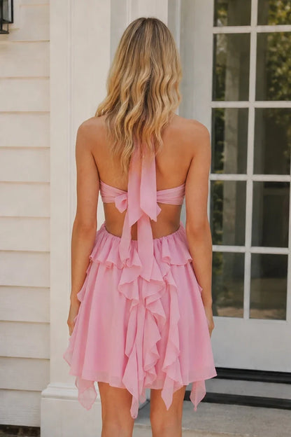 Charming A-Line Halter Sleeveless Ruffled Cut-Out Pink Mini Homecoming Dress