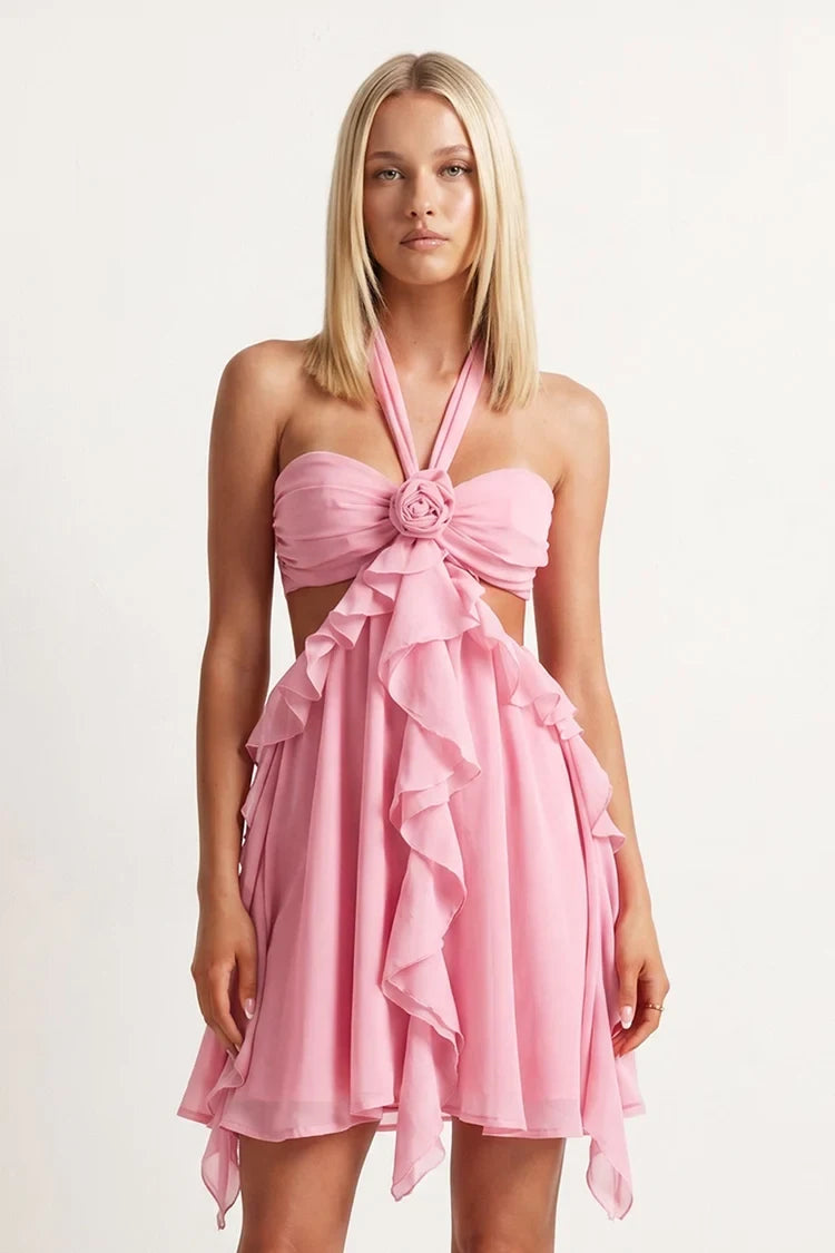 Charming A-Line Halter Sleeveless Ruffled Cut-Out Pink Mini Homecoming Dress