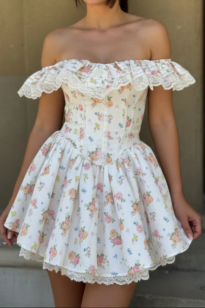 Charming A-Line Off-Shoulder Floral Corset White Short Homecoming Dresses