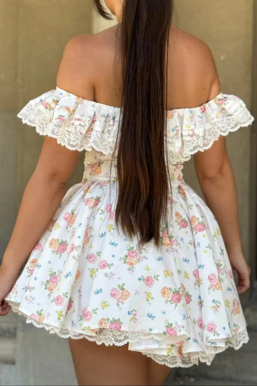 Charming A-Line Off-Shoulder Floral Corset White Short Homecoming Dresses