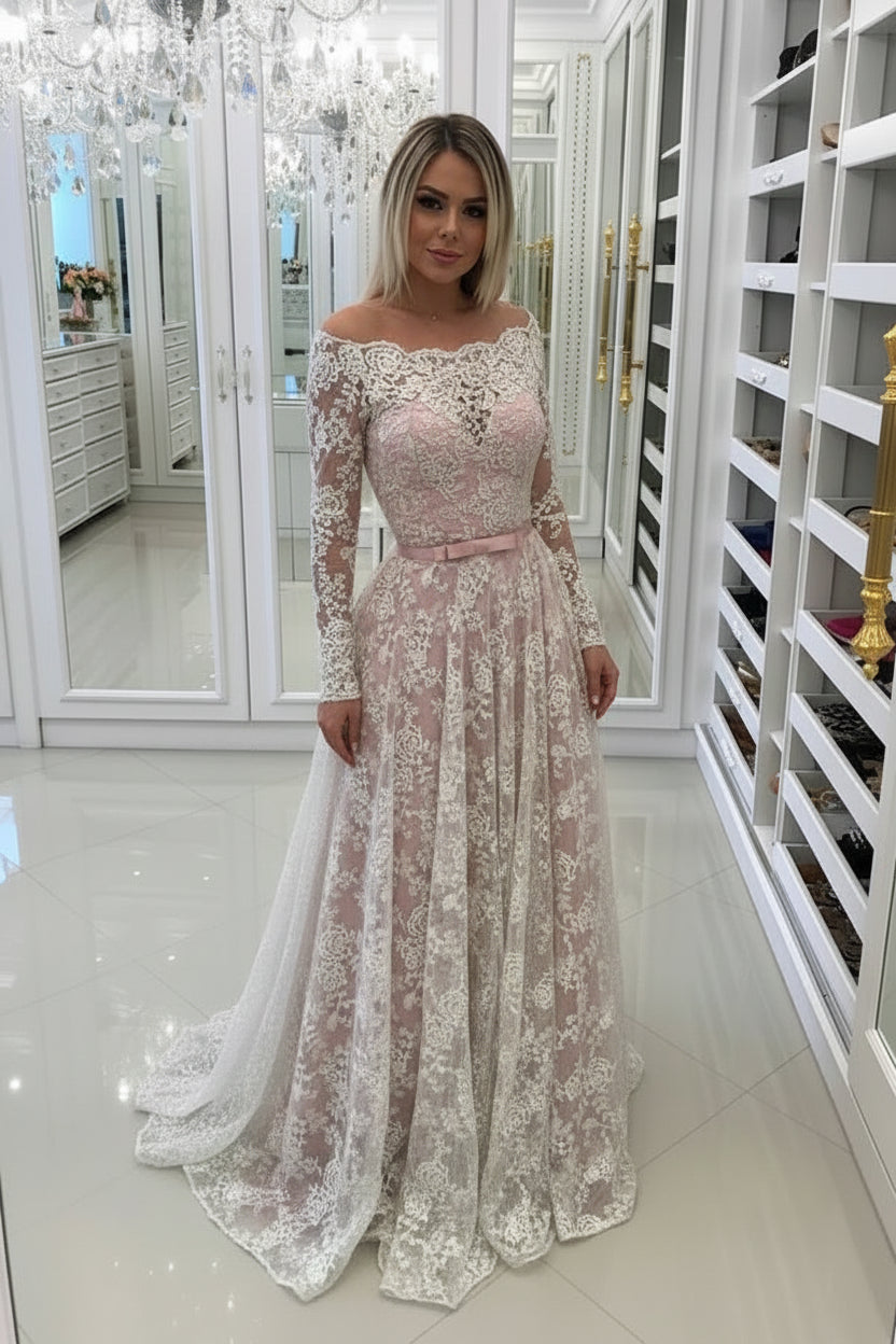 Charming A-Line Off-Shoulder Long Sleeve Lace Appliqued Blush Pink Floor-Length Prom Gown
