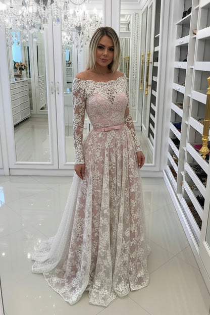 Charming A-Line Off-Shoulder Long Sleeve Lace Appliqued Blush Pink Floor-Length Prom Gown