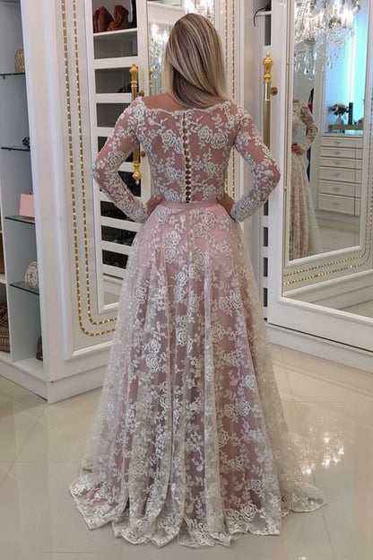 Charming A-Line Off-Shoulder Long Sleeve Lace Appliqued Blush Pink Floor-Length Prom Gown