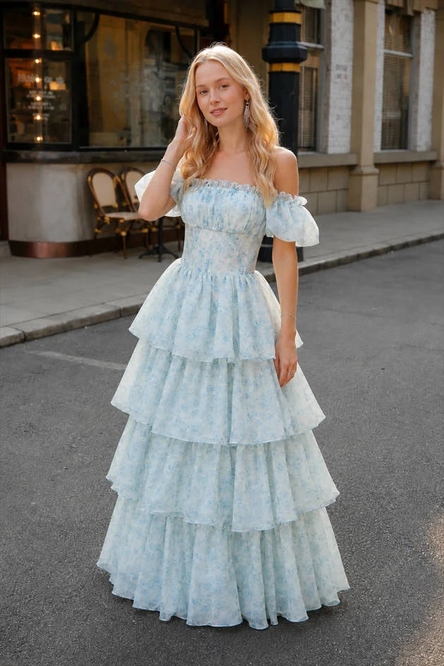 Charming A-Line Off-Shoulder Puffy Tiered Floral Light Blue Floor Prom Gown