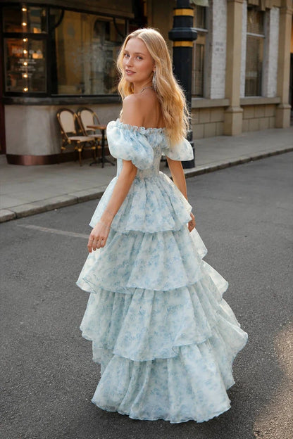 Charming A-Line Off-Shoulder Puffy Tiered Floral Light Blue Floor Prom Gown