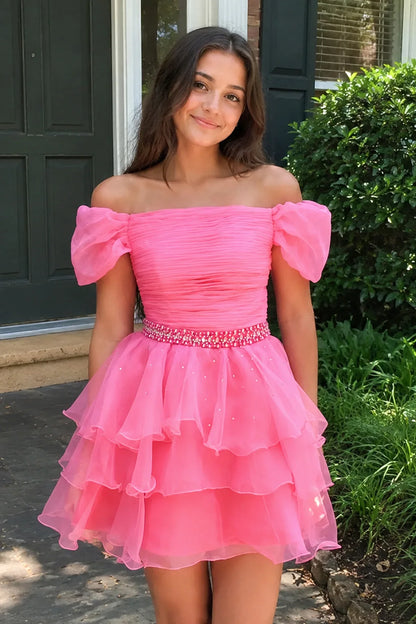Charming A-Line Off-Shoulder Ruffled Beaded Hot Pink Short Homecoming Dress