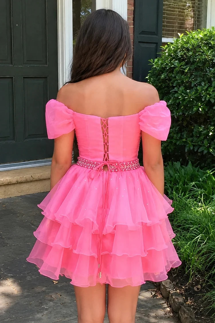 Charming A-Line Off-Shoulder Ruffled Beaded Hot Pink Short Homecoming Dress