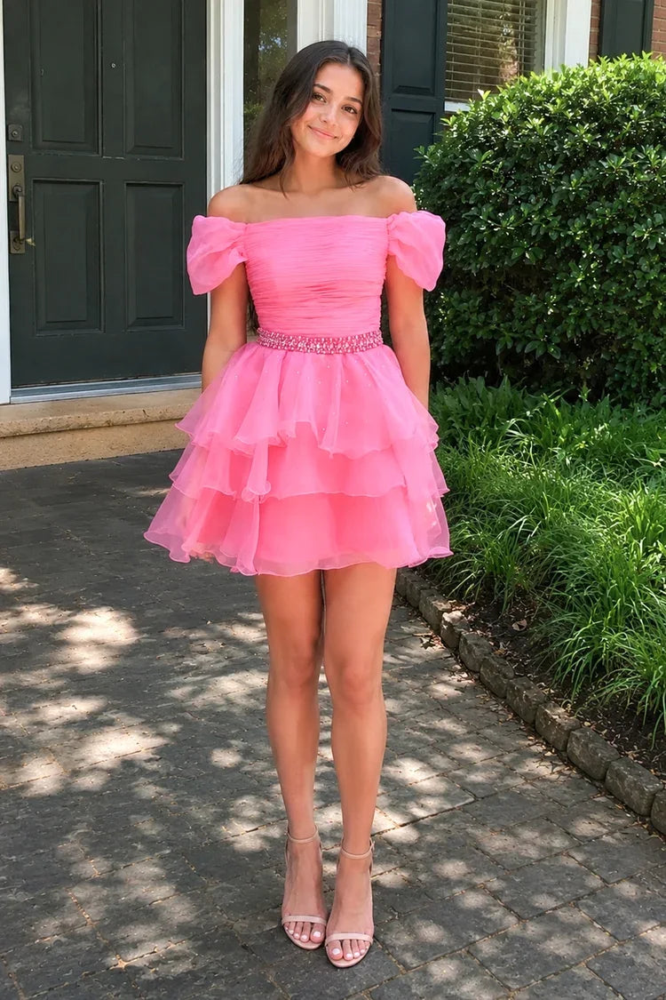 Charming A-Line Off-Shoulder Ruffled Beaded Hot Pink Short Homecoming Dress