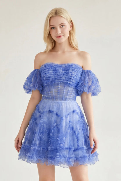 Charming A-Line Off-Shoulder Ruffled Puff-Sleeve Blue Short Homecoming Dress